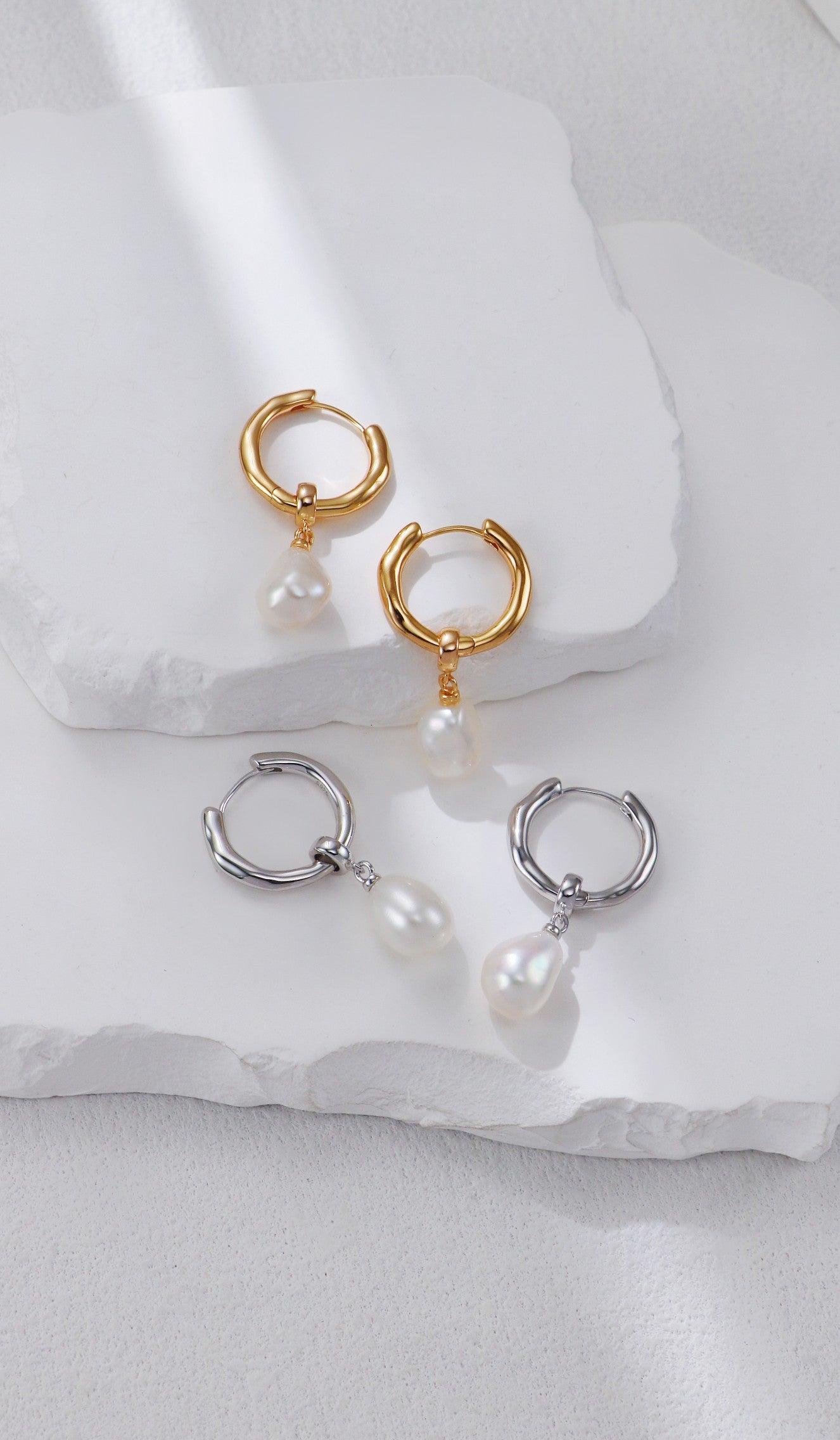 Silver Hoop Pearl Drop Earrings