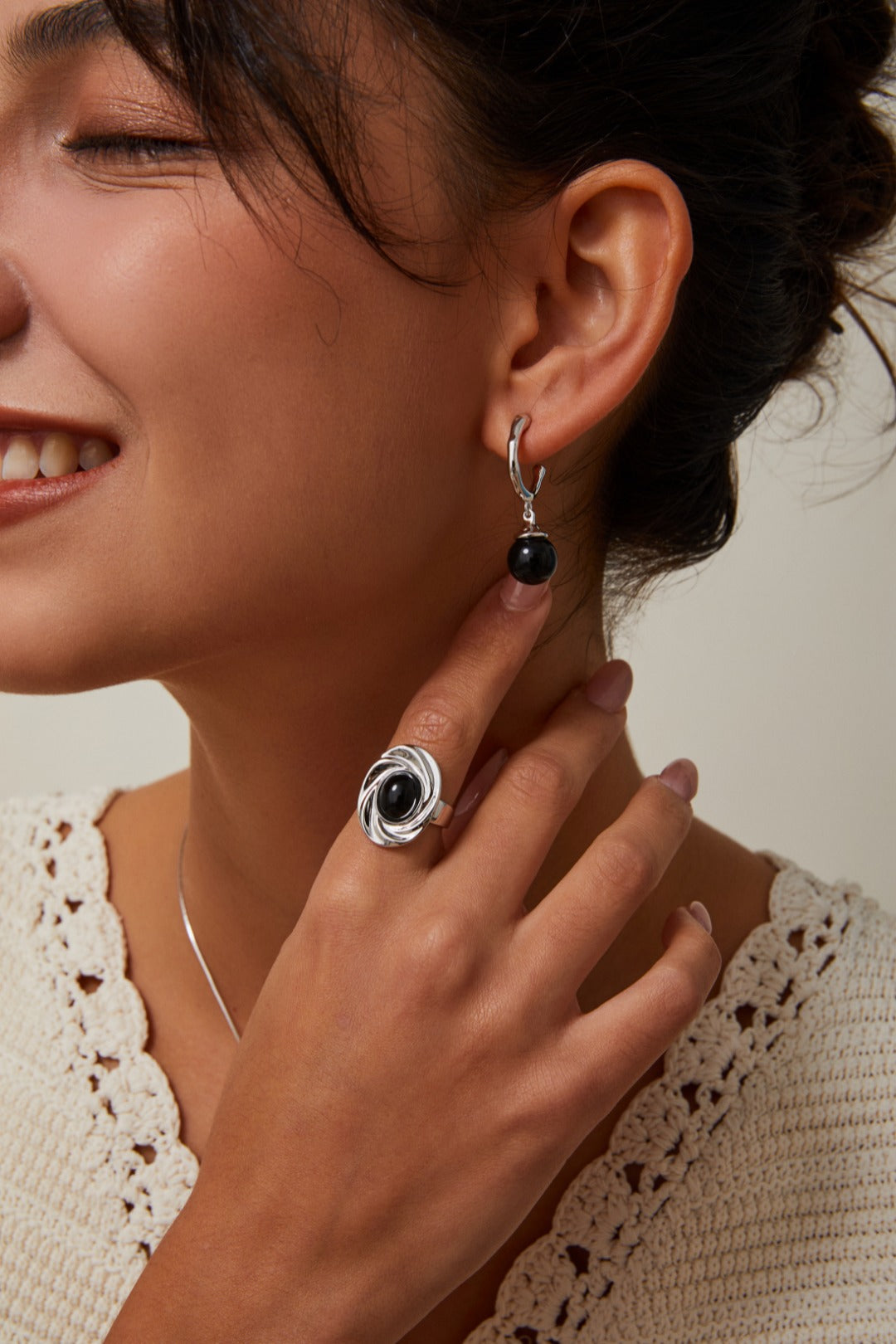 Silver Onyx Quartz Water Ripple Open Ring