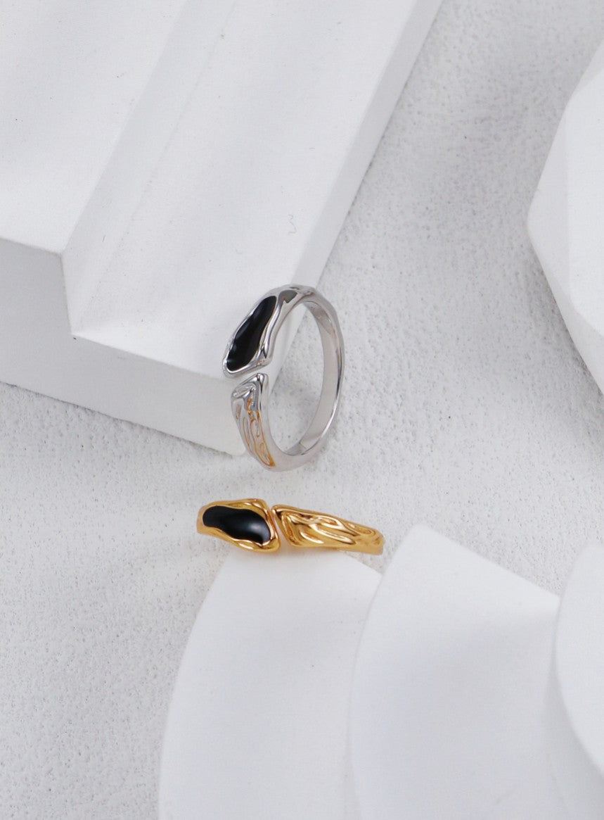 Gold Plated Onyx Wave Open Ring