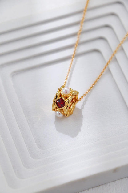 Gold Plated Ruby & Pearl Pendant Necklace