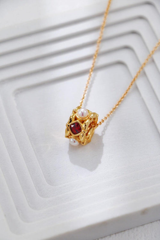Gold Plated Ruby & Pearl Pendant Necklace