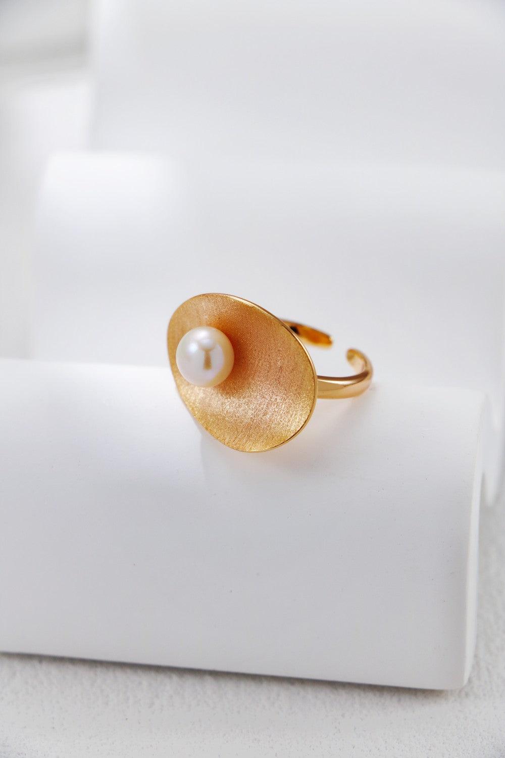Gold Plated Pearl & Lotus Leaf Ring