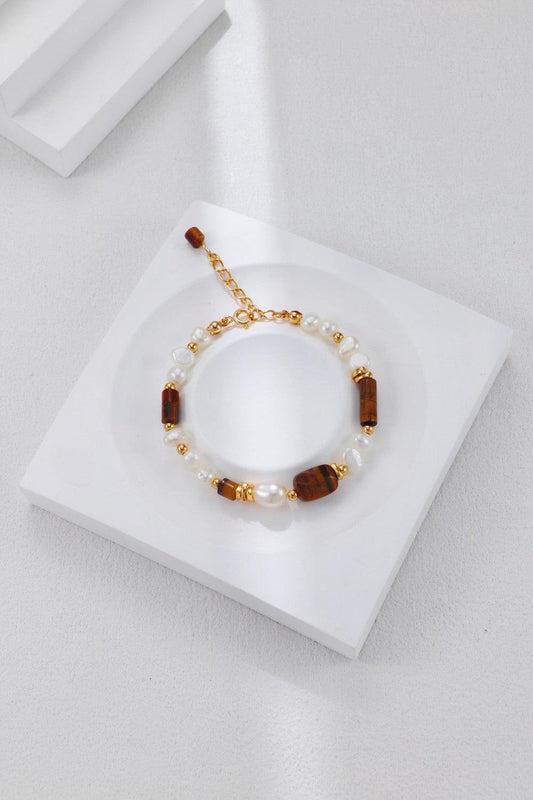 Gold Plated Tiger's Eye & Pearsl Bracelet