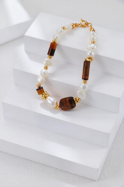 Gold Plated Tiger's Eye & Pearsl Bracelet