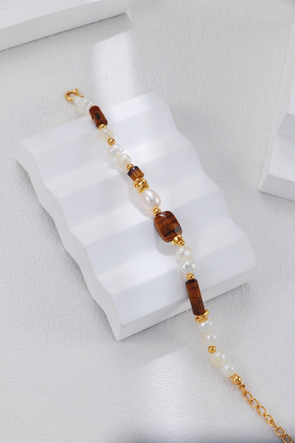 Gold Plated Tiger's Eye & Pearsl Bracelet