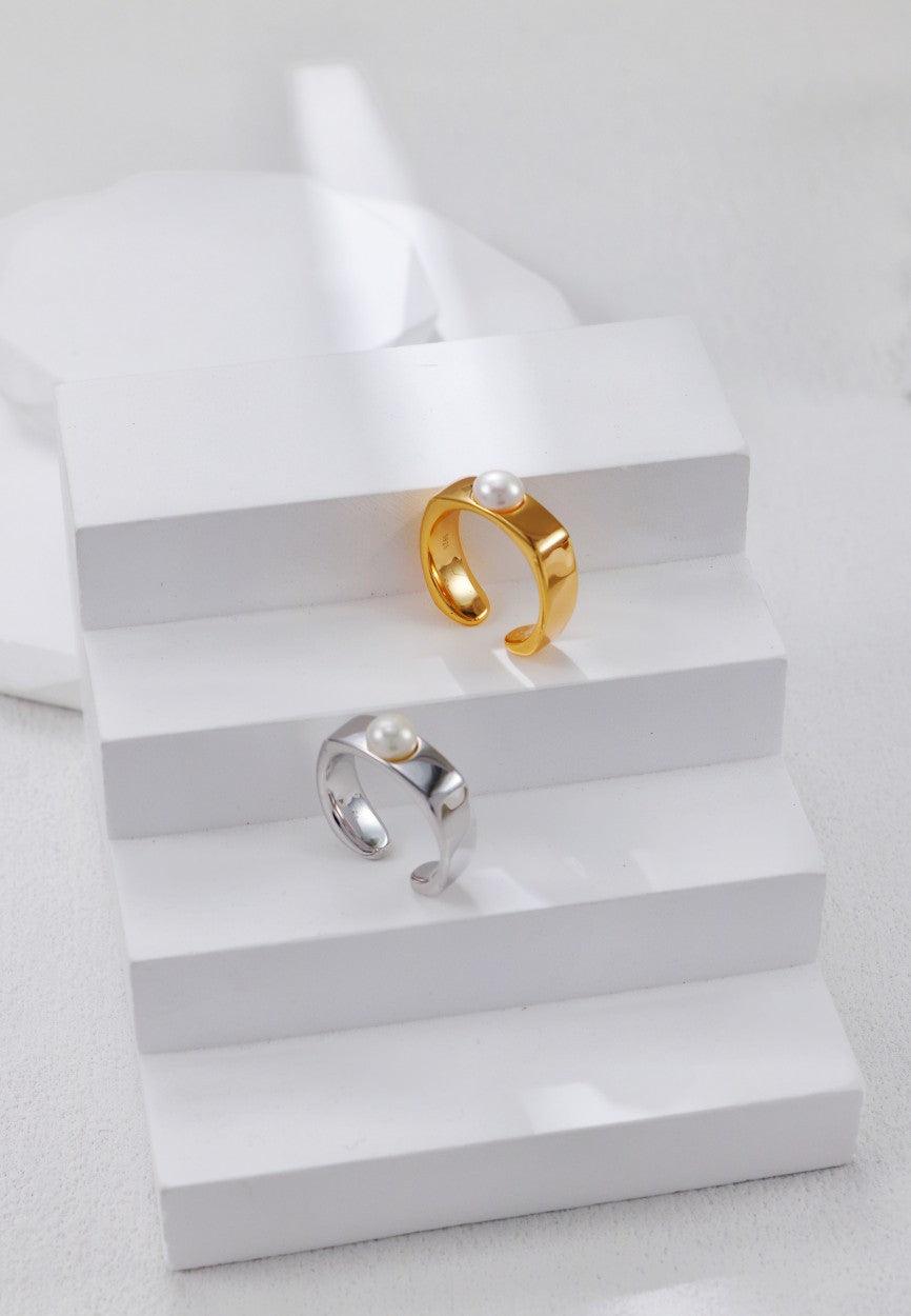 Gold Plated Minimalist Pearl Adjustable Ring