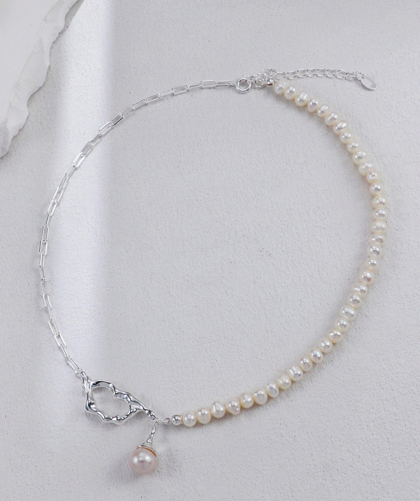 Half Silver Chain Open Heart & Pearl Drop Necklace