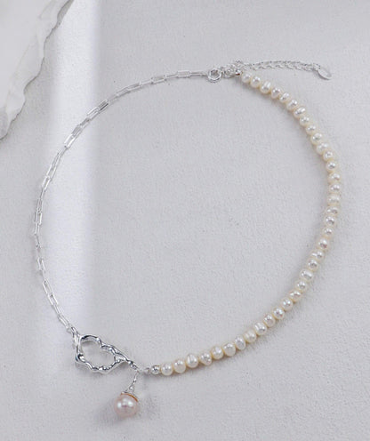 Half Silver Chain Open Heart & Pearl Drop Necklace