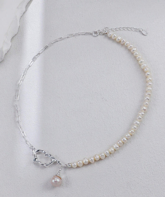Half Silver Chain Open Heart & Pearl Drop Necklace