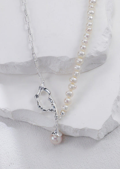 Half Silver Chain Open Heart & Pearl Drop Necklace