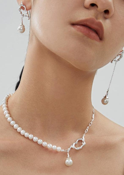 Half Silver Chain Open Heart & Pearl Drop Necklace