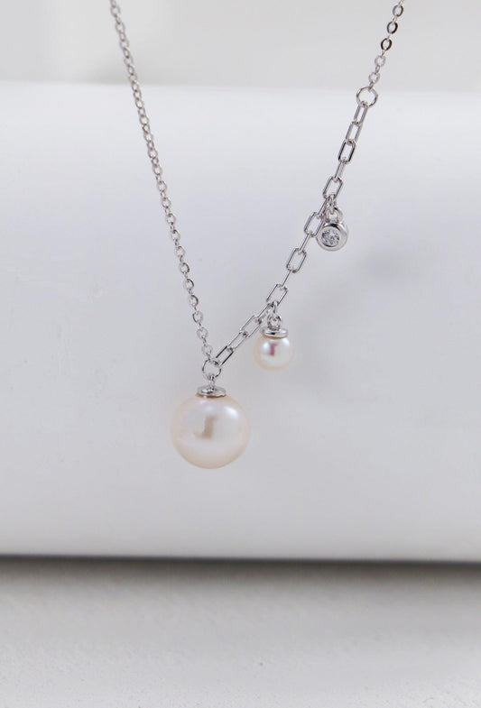 Silver Curb & Cable Pearls Necklace