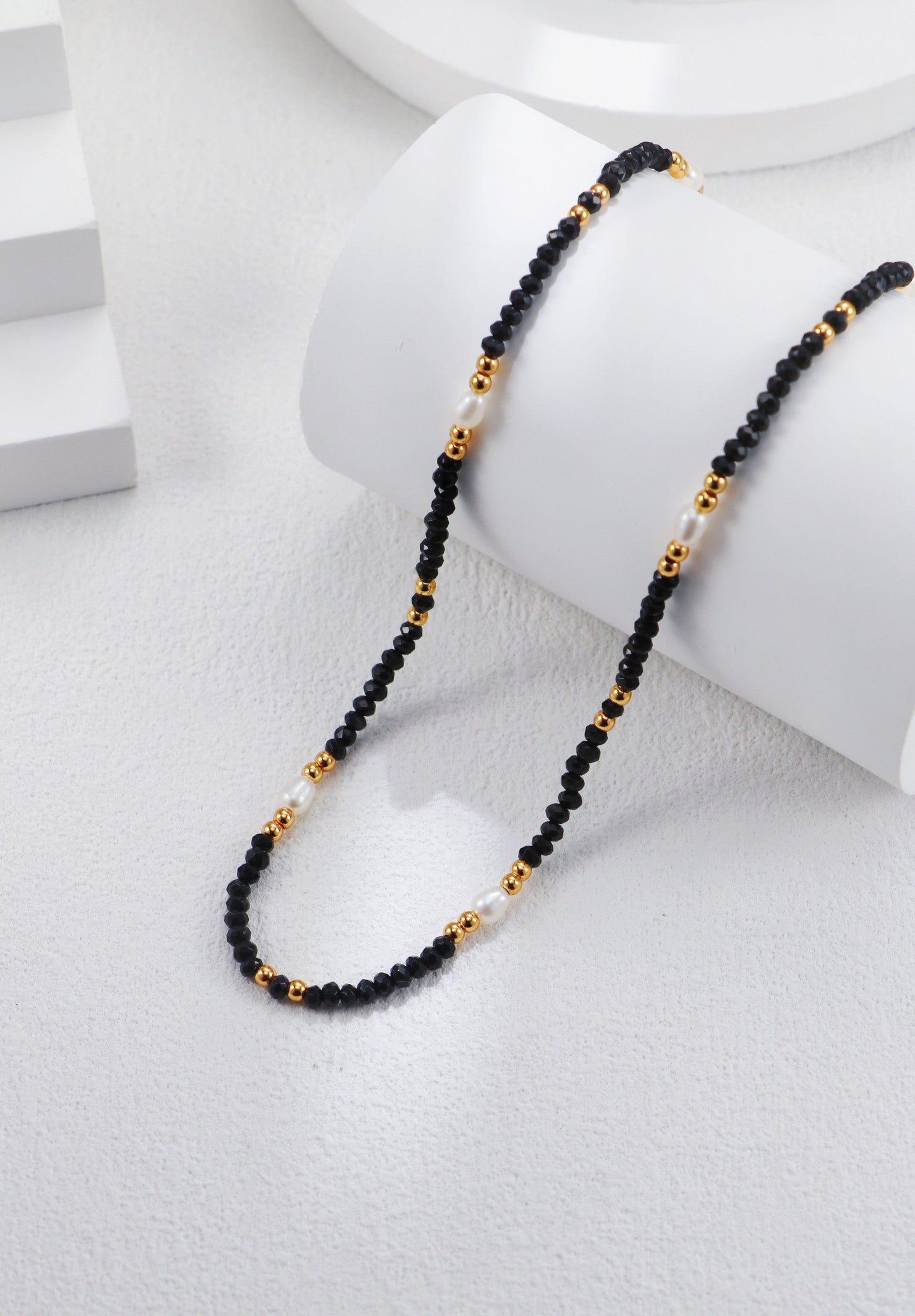 Gold Plated Onyx Crystal n Pearl Necklace