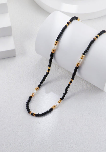 Gold Plated Onyx Crystal n Pearl Necklace