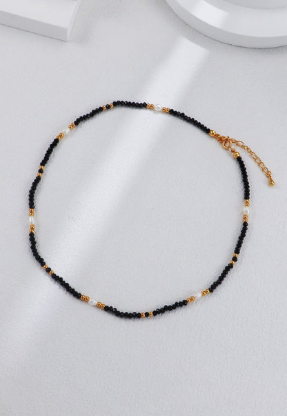 Gold Plated Onyx Crystal n Pearl Necklace