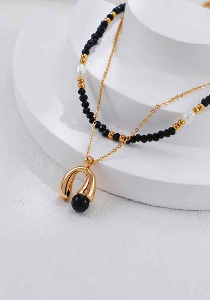 Gold Plated Onyx Crystal n Pearl Necklace