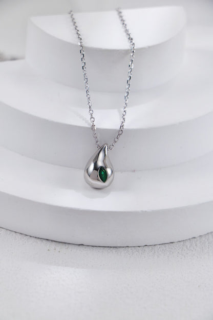 Silver Emerald Water Droplet Neckalce