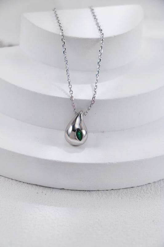 Silver Emerald Water Droplet Neckalce