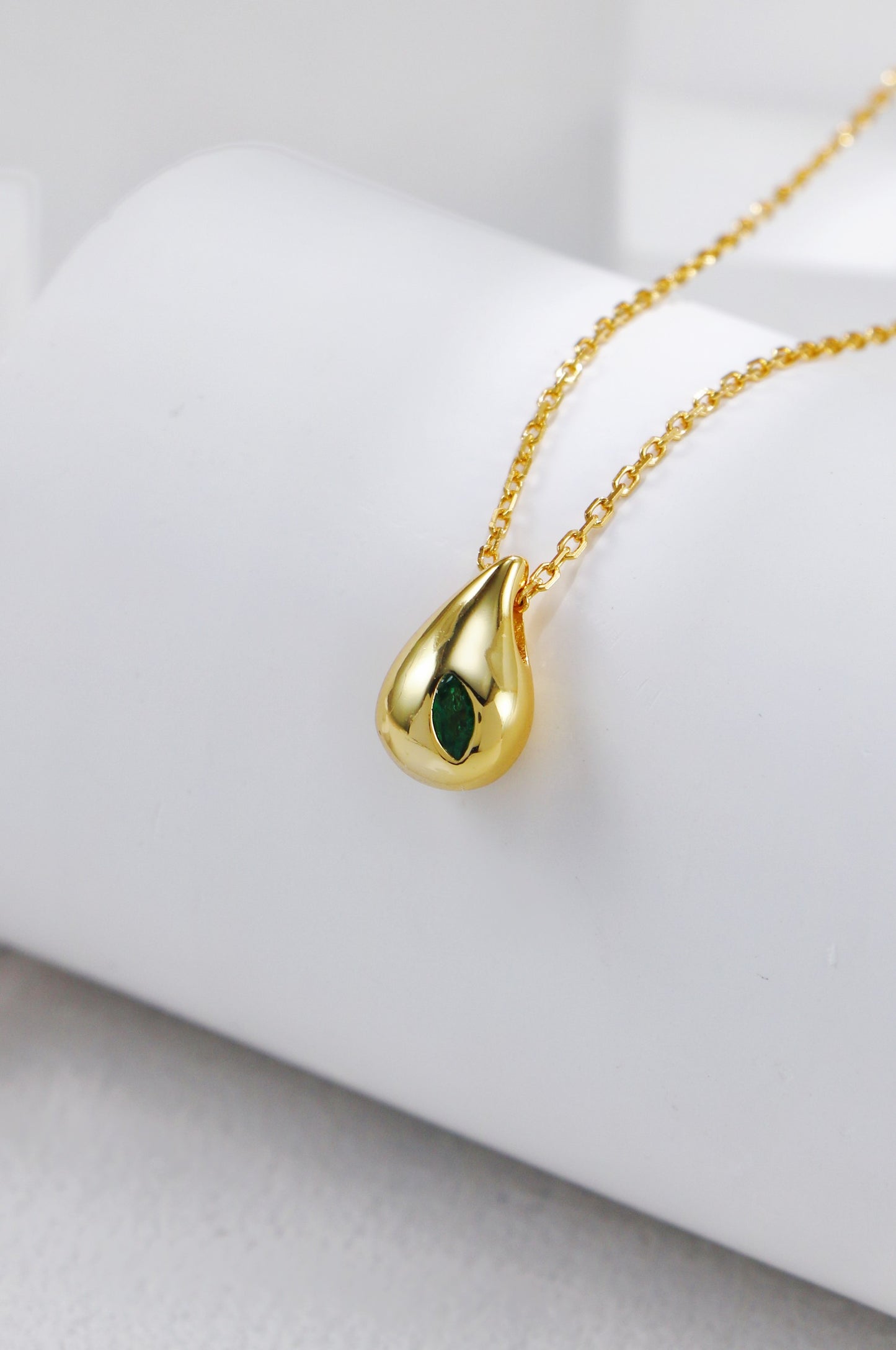 Gold Plated Emerald Water Droplet Necklace