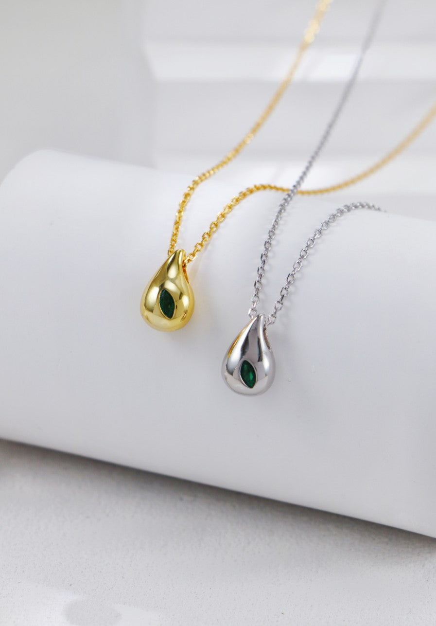 Gold Plated Emerald Water Droplet Necklace