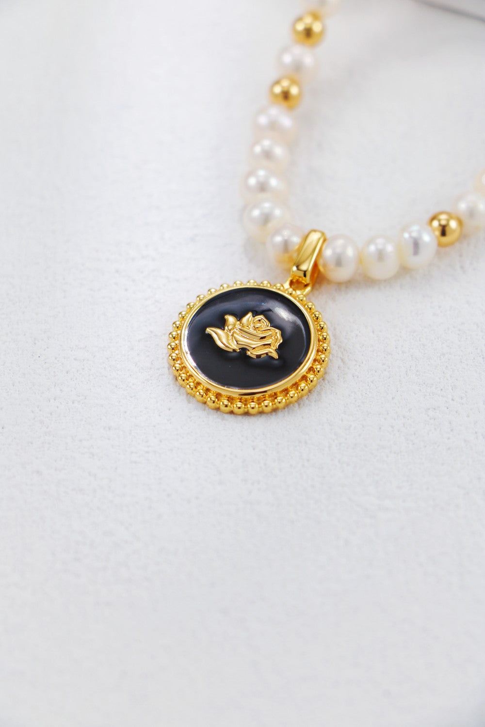 Gold Plated Rose Badge Pearl Necklace