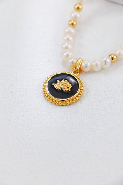 Gold Plated Rose Badge Pearl Necklace