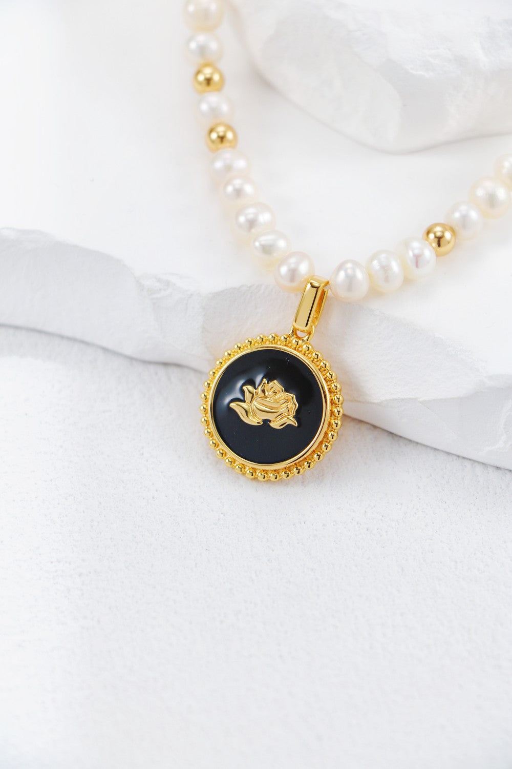 Gold Plated Rose Badge Pearl Necklace
