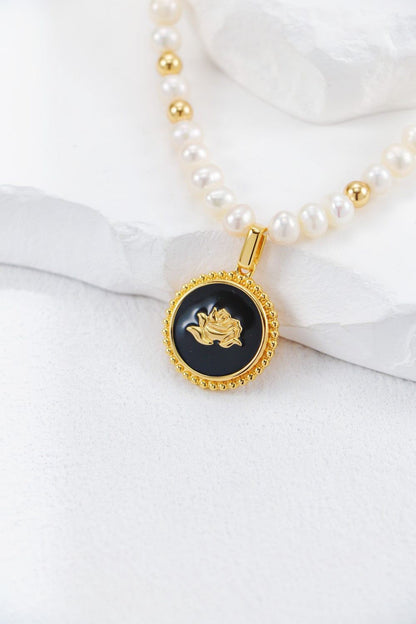 Gold Plated Rose Badge Pearl Necklace