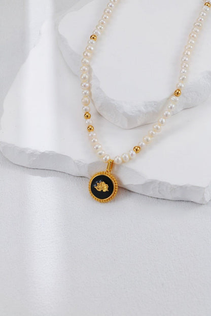 Gold Plated Rose Badge Pearl Necklace