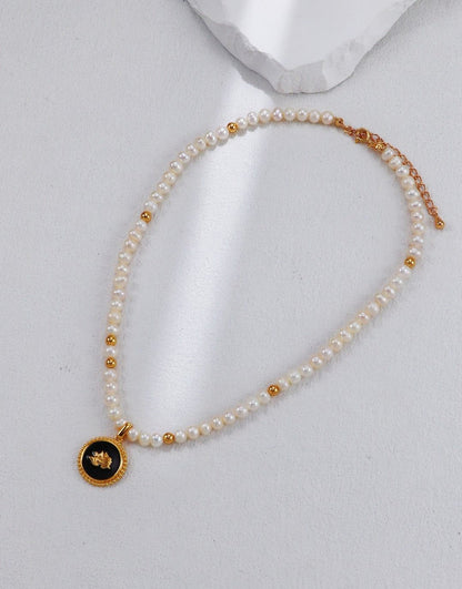 Gold Plated Rose Badge Pearl Necklace