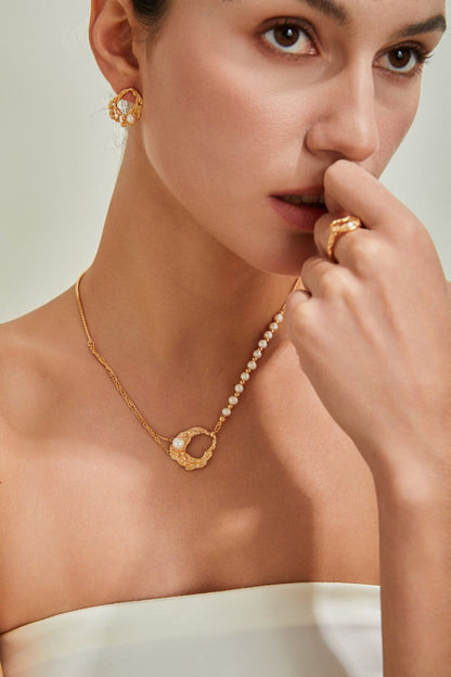 Gold Plated Pearl Mosaic Necklace