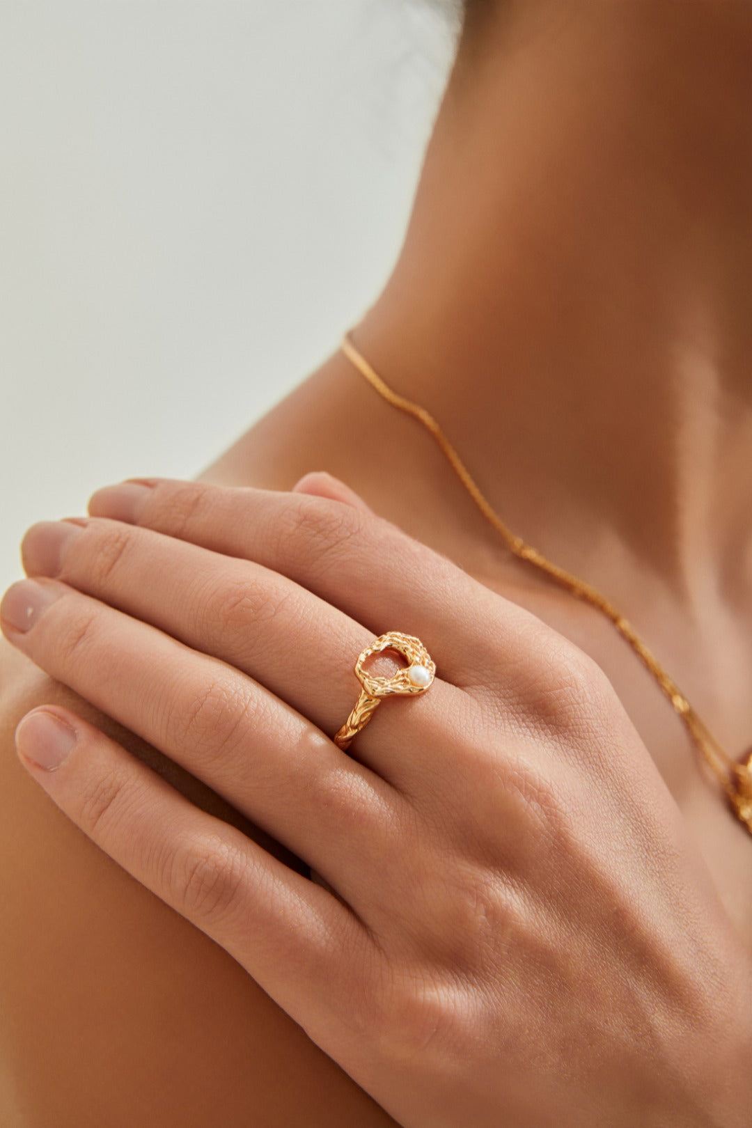 Gold Plated Pearl Mosaic Open Ring